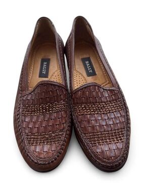 Vintage Bally Brown Woven Leather Slip-On Loafers